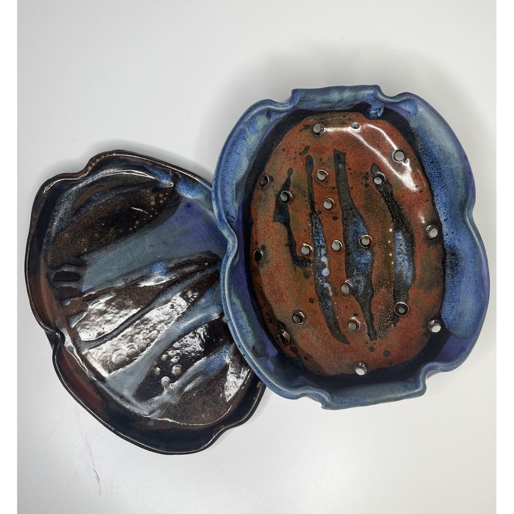 Nancy Salamon Clay Born Art Pottery Berry Bowl Colander w/ Tray Blue‎ Rust Red
